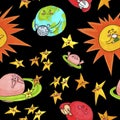 Cute space pattern for kids. Planets and sun