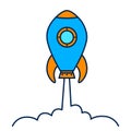 Cute space rocket launched. Flat design for poster or t-shirt. Vector illustration