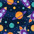 Cute space seamless pattern in cartoon style. Childish cosmic illustration