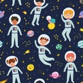 Cute space seamless pattern with kids astronauts. Starts, planets and kids in spacesuits background