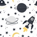 Cute space seamless pattern with rocket  moon  planets and stars isolated on white background. Childish hand drawn Scandinavian Royalty Free Stock Photo