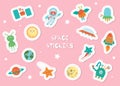 Cute space stickers for children on pink background