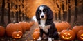 Cute spaniel dog in the fall woods among the pumpkins. Halloween holiday