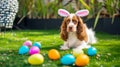 A cute Spaniel dog wearing bunny ears with colorful Easter eggs amidst the lush green garden backdrop Royalty Free Stock Photo