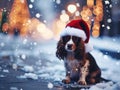 cute spaniel puppy in a Santa Claus hat in the snow Royalty Free Stock Photo