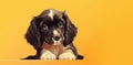 Cute spaniel puppy on yellow background with copy space, banner. Royalty Free Stock Photo