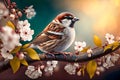 Cute sparrow bird in warm spring time on cherry blossom tree branch.