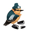 A cute sparrow in a sports uniform with seeds. Little bird funny cartoon vector illustration. Gold chain, hat, sports