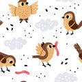 Cute sparrows seamless pattern. Cartoon print with brown birds. Flying animals pecking seeds and caterpillars. City Royalty Free Stock Photo