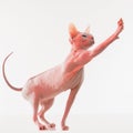 Cute sphynx cat, kitty posing isolated over white studio background in neon Royalty Free Stock Photo
