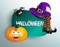 Cute spider on cobweb, orange pumpkin with happy monster face, purple witch hat and legs with striped stockings on white backgroun