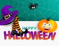 Cute spider on cobweb, orange pumpkin with happy monster face, purple witch hat and legs with striped stockings on white banner wi