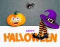 Cute spider on cobweb, orange pumpkin with happy monster face, purple witch hat and legs with striped stockings on white banner wi Royalty Free Stock Photo