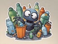 spider robot picks up bottles and puts them in city trash for the environment. Royalty Free Stock Photo