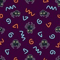 Cute spiders on abstract doodle lines dark background, halloween seamless pattern Royalty Free Stock Photo