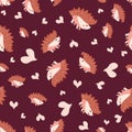 Cute spiky, prickly, hedgehog and heart seamless pattern background. Cartoon kawaii hedgehogs and doodle hearts backdrop