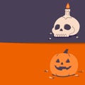 Cute Spooky Halloween banner, skull with candle and spooky pumpkin vector illustration Royalty Free Stock Photo