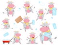 Cute spotted cow in different situations set, funny farm animal cartoon character with milk vector Illustration on a Royalty Free Stock Photo