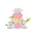 Cute spotted cow sitting and eating grass, funny farm animal cartoon character vector Illustration on a white background Royalty Free Stock Photo
