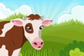 Cute spotted cow is smiling on the background of a summer landscape. Illustration for children Royalty Free Stock Photo