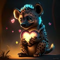 Cute Spotted Hyena hugging heart Cute cartoon hyena sitting on the ground and holding a heart Generative AI