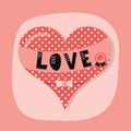 Cute spotty heart emblem with LOVE banner and award bow on pink background