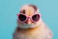 Cute spring baby chick wearing cool sunglasses isolated on pink blue background. Royalty Free Stock Photo