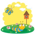 Cute spring card with caterpillar and butterfly. Royalty Free Stock Photo