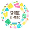 Cute spring cleaning utensils background in vivid eye catching colors