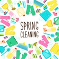 Cute spring cleaning utensils background in vivid eye catching colors