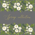 Cute Spring collection floral background with bouquets of rustic white roses flowers and green leaves branches Royalty Free Stock Photo