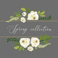 Cute Spring collection floral background with bouquets of rustic white roses flowers and green leaves branches Royalty Free Stock Photo