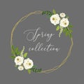 Cute Spring collection floral background with bouquets of rustic white roses flowers and green leaves branches Royalty Free Stock Photo