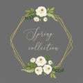 Cute Spring collection floral geometric frame with bouquets of rustic white roses flowers and green leaves branches Royalty Free Stock Photo