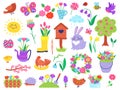 Cute spring doodles, hand drawn easter and springtime elements. Blossom flowers, birds, rabbit, chicken, flower garden