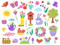 Cute spring doodles, hand drawn easter and springtime elements. Blossom flowers, birds, rabbit, chicken, flower garden doodle