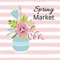 Cute spring floral banner Text Spring Market Vector illustration Spring meadow flower bouquet into jar