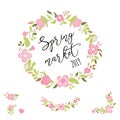 Cute spring floral wreath Collection in pink green colors Text Spring Market Vector illustration