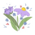 Cute spring flowers with small daisies with leaves in pastel colors. Spring purple and blue flowers in white background
