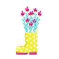 Cute spring flowers in yellow rubber boots, design and decor element, spring composition, vector illustration in cartoon Royalty Free Stock Photo