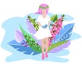 Cute spring girl in a white dress with a wreath on her head is surrounded by spring flowers. Surreal Abstract Flowers.