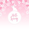 Cute spring greeting card, invitation with white rabbit, bunny and cherry tree blossoms. Easter concept. Pink vector