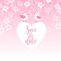 Cute spring greeting card, wedding invitation with couple of birds, heart and cherry tree blossoms. Love concept. Pink Royalty Free Stock Photo