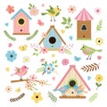 Cute spring hand drawn collection with birds, bird houses, flowers, leaves