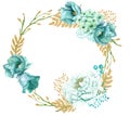 Hand painted wreath of watercolor mint gold flowers