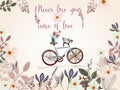 Cute spring illustration with bicycle and pretty flowers. Never Royalty Free Stock Photo