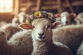 A cute spring lamb with a floral crown, embodying the Easter spirit. Royalty Free Stock Photo