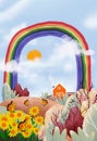 Cute Spring landscape inn farmland with butterfly, wild grass flower on hills, sun, rainbow, fluffy clouds and blue sky, Vertical