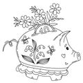 Cute spring pig piggy bank. Vector illustration in hand doodle style. Pig piggy bank with coin, bouquet of flowers Royalty Free Stock Photo