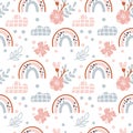 Cute spring seamless vector pattern with hand drawn scandinavian rainbows and polka dot elements with flower branches Royalty Free Stock Photo